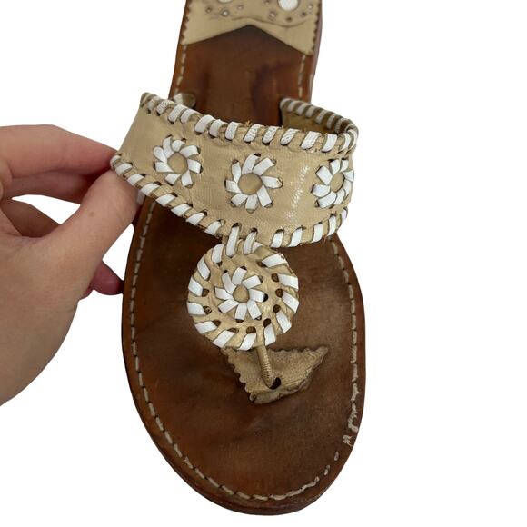 Palm Beach Co. Women's Flat Sandals Tan White Whipstitch 100% Leather Size 8 - Picture 4 of 8